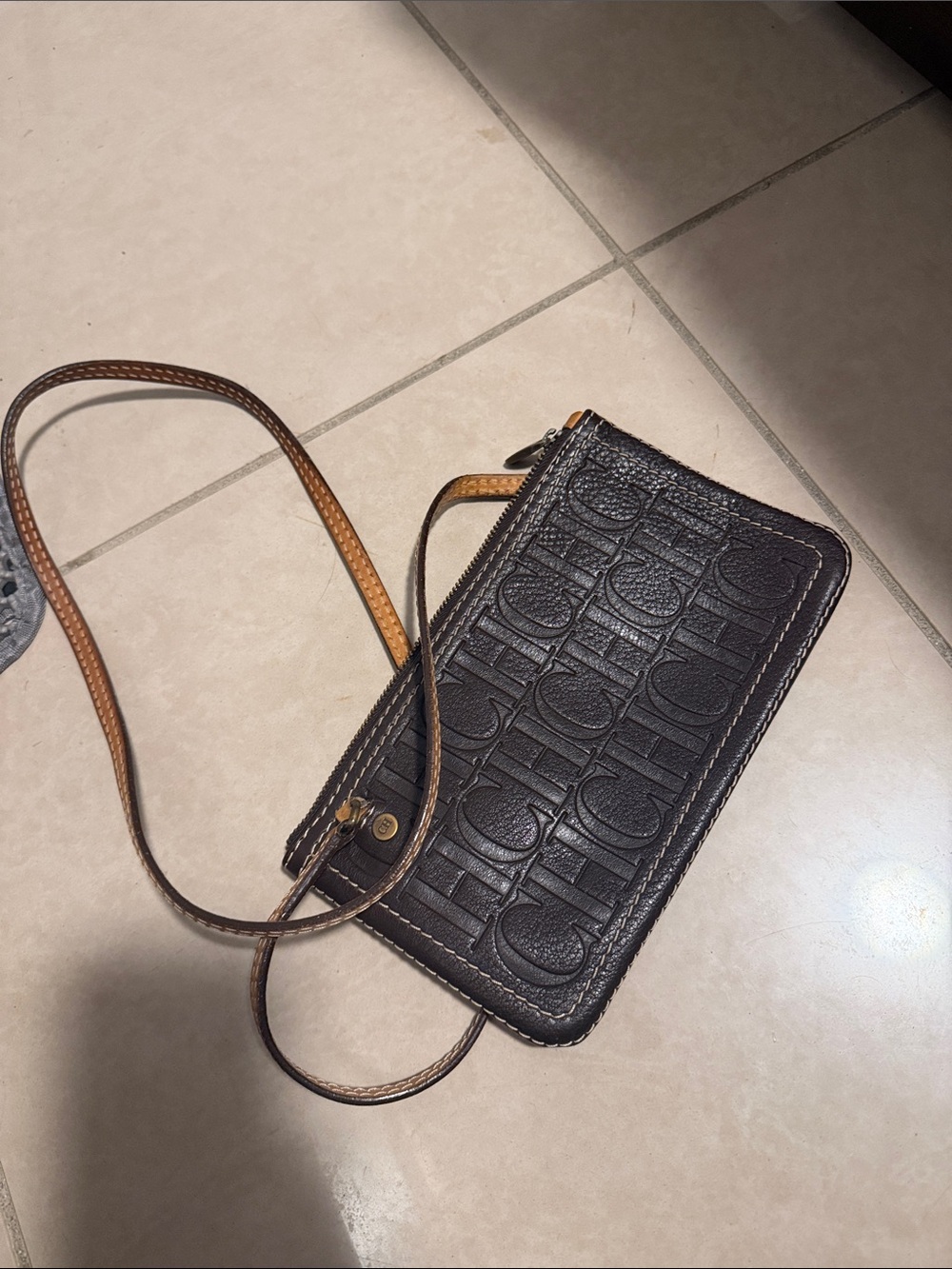 Carolina Herrera Embossed Logo Crossbody in Dark Brown with Tan Strap